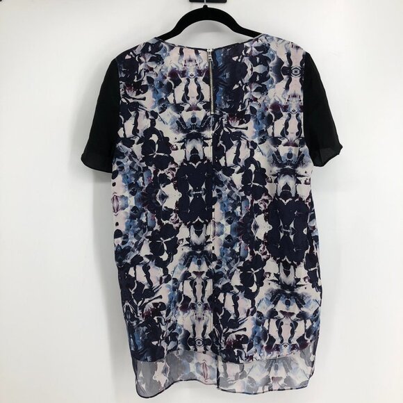 Rebecca Taylor  Blue black Abstract Printed Short Sleeve Silk Blouse Size 8 - Picture 4 of 16